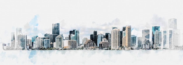 Illustration numérique en aquarelle de l'horizon du centre-ville de Miami isolée sur un fond blanc