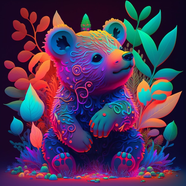 Photo illustration numérique aux couleurs vives d'un ours en peluche entouré de plantes