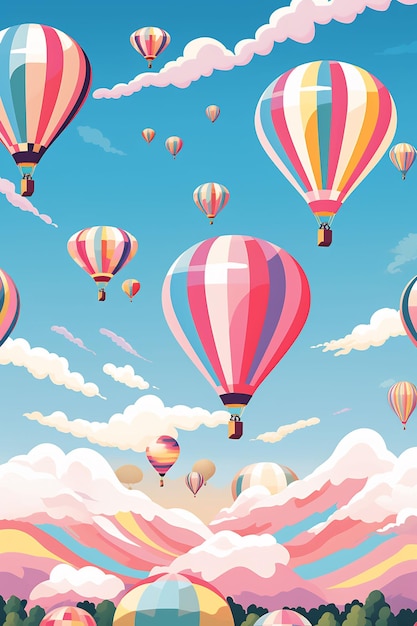une illustration numérique de ballons à air chaud dans le ciel.