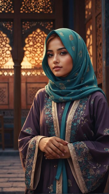 Une illustration numérique d'une belle fille dans les vibrations du Ramadan