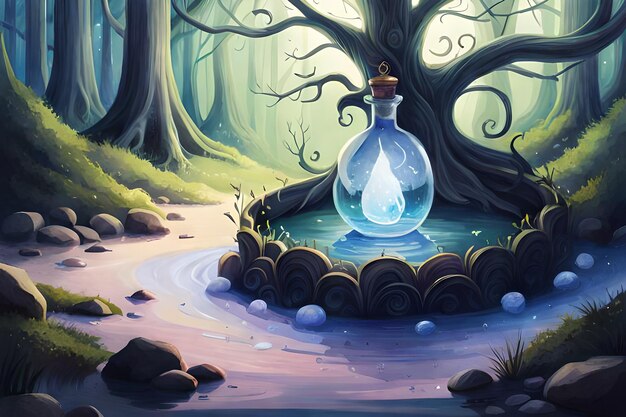 illustration numérique d'une bouteille de potion magique dans une forêt fantastique sombre potion magique