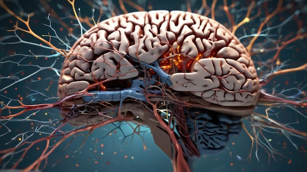 Une illustration numérique d'un cerveau disséqué révélant des couches de neurones et de synapses