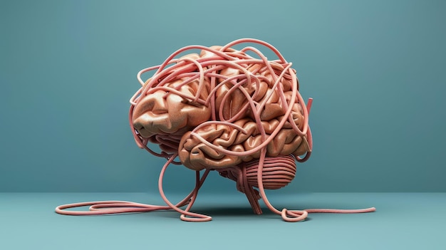 Illustration numérique d'un cerveau fait de fils enchevêtrés concept de surcharge mentale