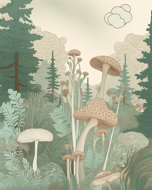Une illustration numérique de champignons dans une forêt