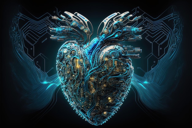 Illustration numérique Le cœur est comme une machine cyber-informatique artificielle