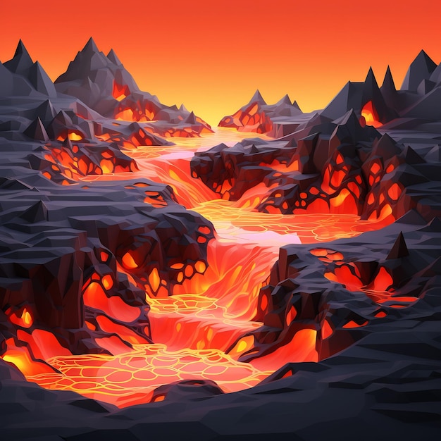 une illustration numérique d'un coucher de soleil avec des montagnes et une rivière.