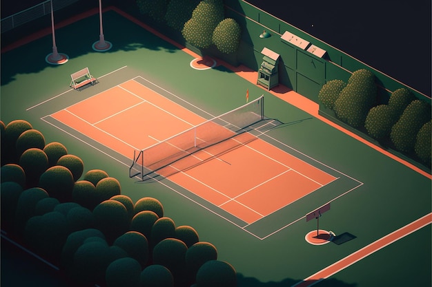 une illustration numérique d'un court de tennis avec un panneau indiquant un court de tennis.