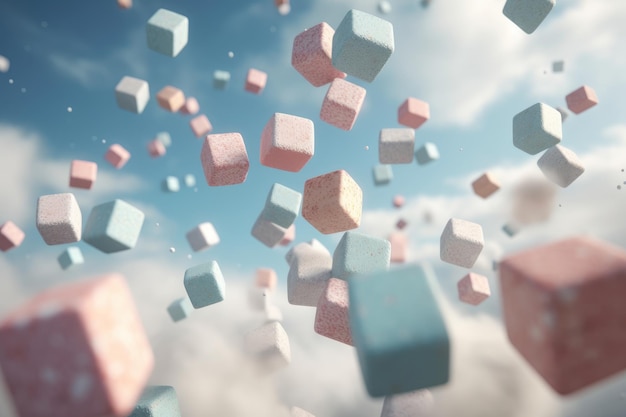 Une illustration numérique de cubes flottant dans le ciel.