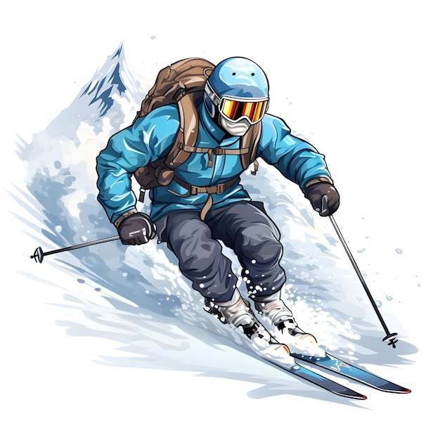 Illustration numérique dessinée à la main d'un skieur dans les sports de neige de la saison hivernale