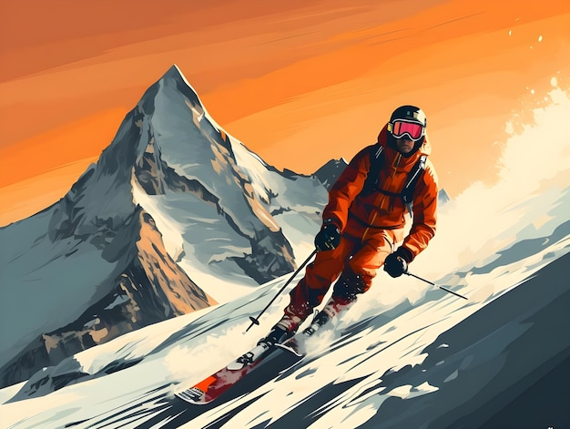 Illustration numérique dessinée à la main d'un skieur dans les sports de neige de la saison hivernale