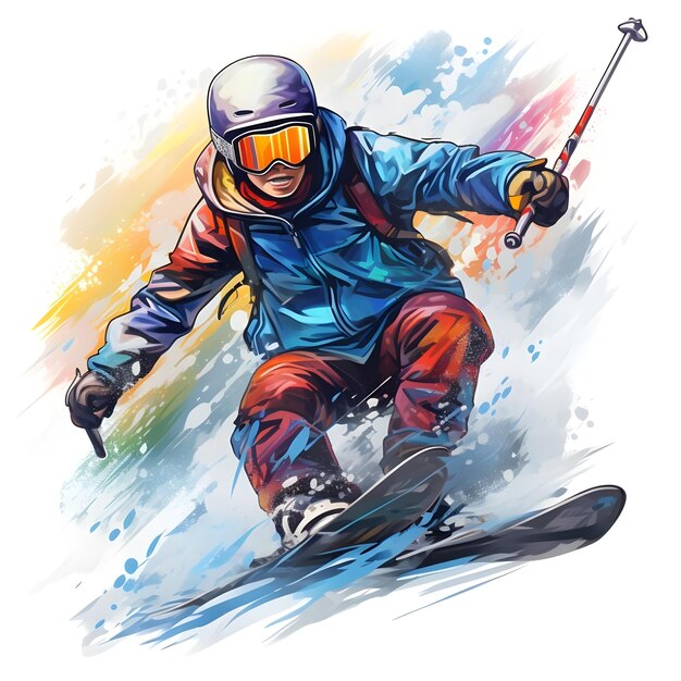 Illustration numérique dessinée à la main d'un skieur dans les sports de neige de la saison hivernale