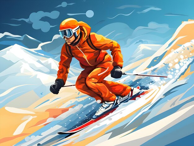 Illustration numérique dessinée à la main d'un skieur dans les sports de neige de la saison hivernale