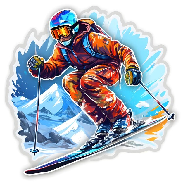 Illustration numérique dessinée à la main d'un skieur dans les sports de neige de la saison hivernale