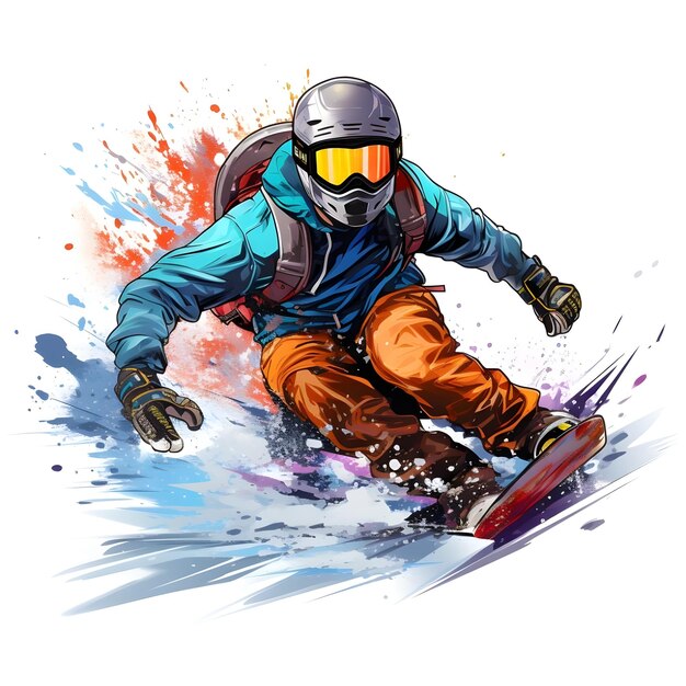 Illustration numérique dessinée à la main d'un snowboarder faisant du snowboard en hiver.