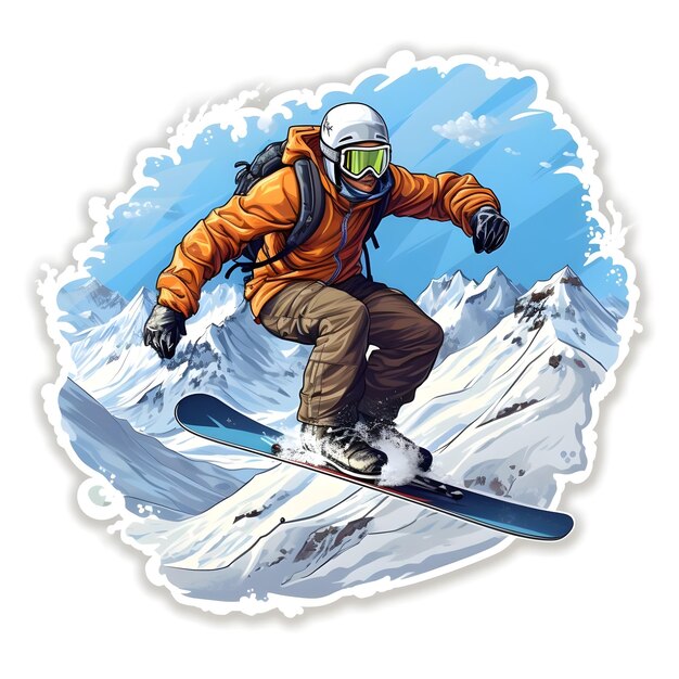 Illustration numérique dessinée à la main d'un snowboarder faisant du snowboard en hiver.