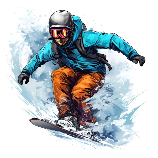 Illustration numérique dessinée à la main d'un snowboarder faisant du snowboard en hiver.