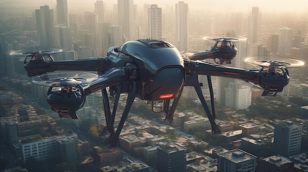 Illustration numérique d'un drone sentinelle futuriste sur une ville cyberpunk dystopique Generative ai
