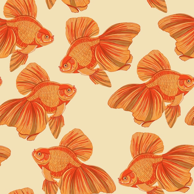 Illustration numérique du modèle sans couture de poisson rouge d'aquarium détaillé orange sur fond jaune haut