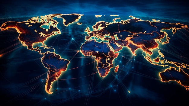 Illustration numérique du réseau de la chaîne d'approvisionnement d'une carte du monde avec des voies de transport interconnectées pour la logistique internationale Generative AI