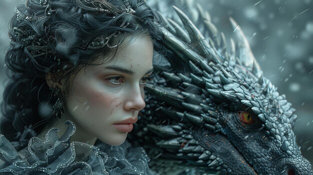 Illustration numérique fantastique d'une reine sombre avec un dragon mort-vivant