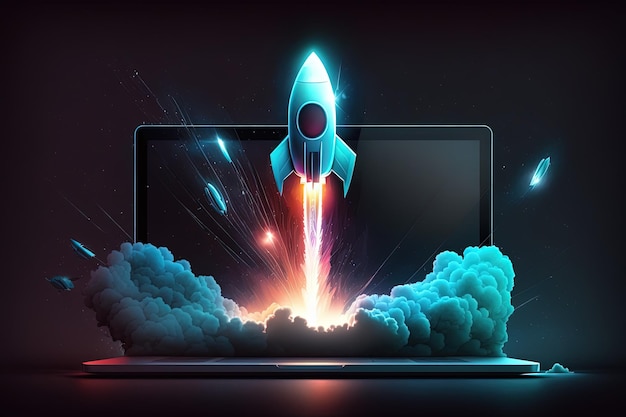 Illustration numérique de fond de fusée et d'ordinateur portable avec néon bleu AI générative