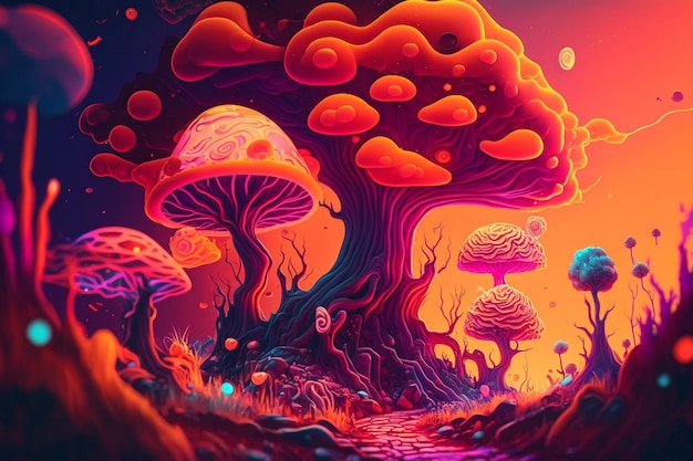 Une illustration numérique d'une forêt de champignons.