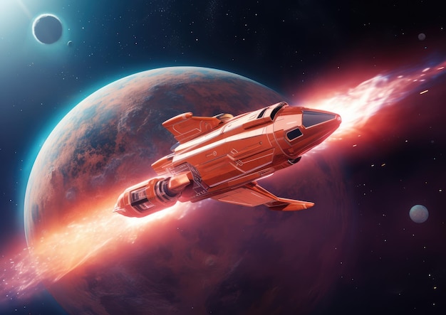 Une illustration numérique futuriste d'un vaisseau spatial couleur pêche planant à travers le cosmos avec