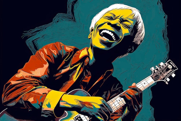 Photo illustration numérique ia générative illustration de style andy warhol d'un musicien jouant de la guitare