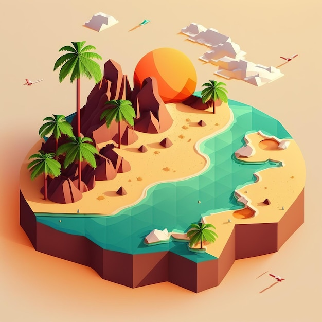 Une illustration numérique d'une île tropicale avec une plage et des montagnes en arrière-plan.