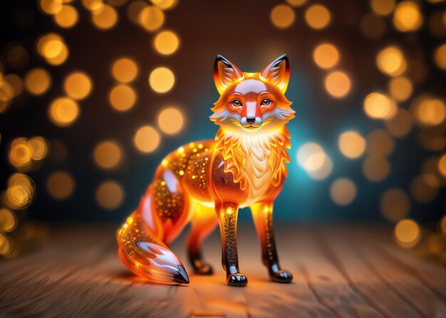 Illustration numérique d'une jolie statuette de renard orange avec des lumières bokeh festives