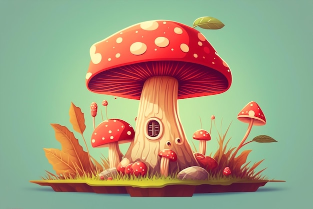 Illustration numérique d'une maison aux champignons avec une maison aux champignons sur l'herbe.