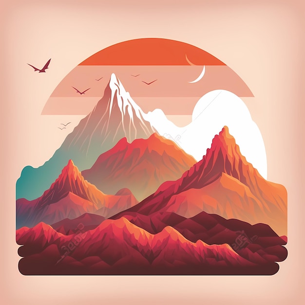 Une illustration numérique des montagnes avec le coucher de soleil derrière elle.