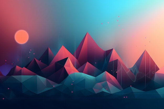 Une illustration numérique de montagnes avec une lumière bleue et violette au sommet