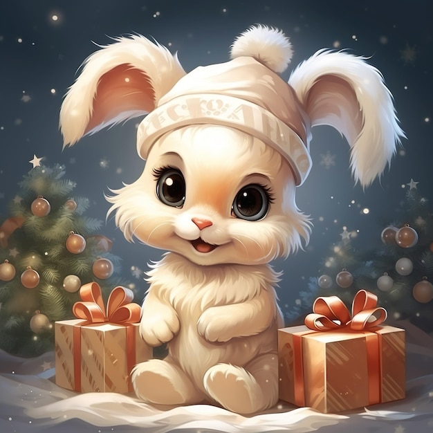 Illustration numérique de Noël de lapin d'hiver blanc mignon Poster