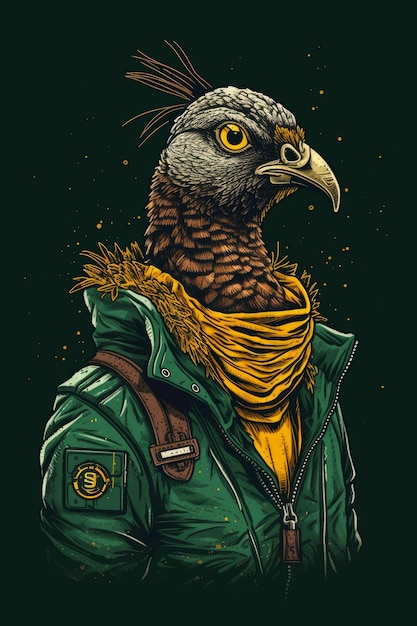 Une illustration numérique d'un oiseau portant une veste verte avec une étiquette jaune.