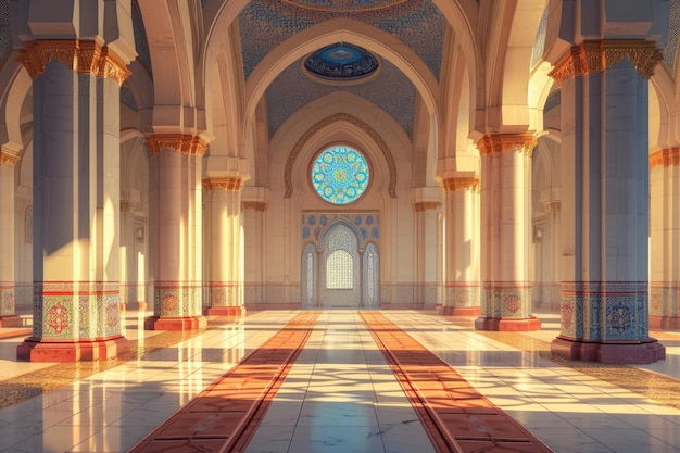 Une illustration numérique panoramique montrant l'intérieur de la mosquée avec un balayage