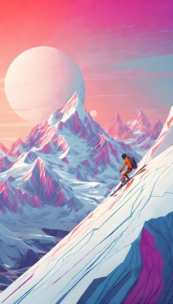 Une illustration numérique d'une personne faisant du ski sur une chaîne de montagnes futuriste sur une autre planète