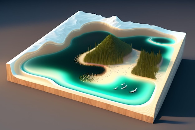 Une illustration numérique d'une plage avec des montagnes et des arbres.