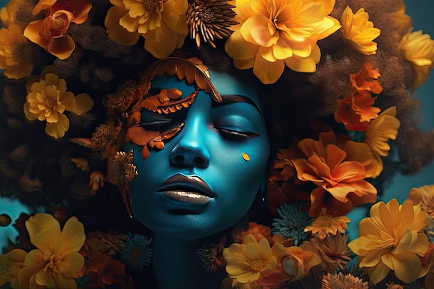 Illustration numérique d'un portrait féminin d'une femme afro-américaine avec des fleurs colorées Generative AI