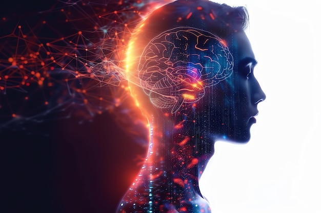 Illustration numérique d'un profil humain avec une activité cérébrale symbolisant la technologie de l'intelligence artificielle et l'interaction entre l'esprit et la machine