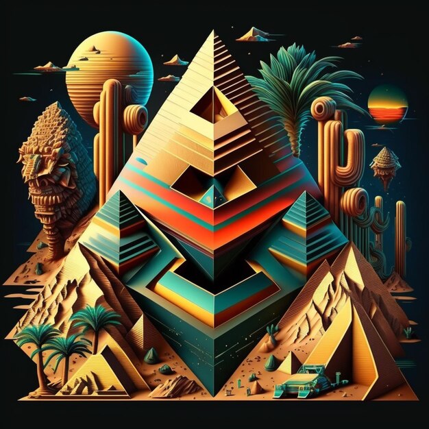 une illustration numérique d'une pyramide avec une scène désertique en arrière-plan