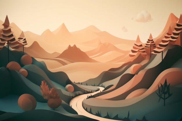 Une illustration numérique d'une route sinueuse dans un paysage de montagne.