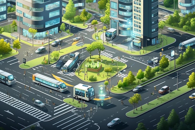 une illustration numérique d'une rue de la ville avec des voitures et un bus.