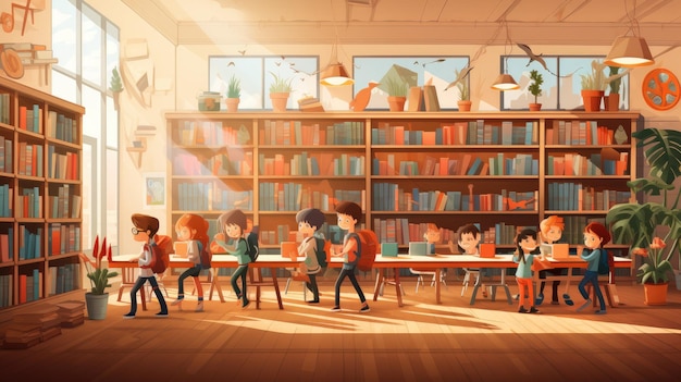 une illustration numérique d'une salle de classe colorée avec des enfants