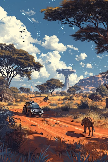 Illustration numérique d'une savane africaine technologiquement avancée