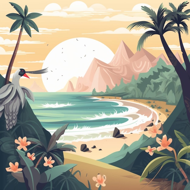 Une illustration numérique d'une scène de plage avec un oiseau au premier plan et des montagnes en arrière-plan.