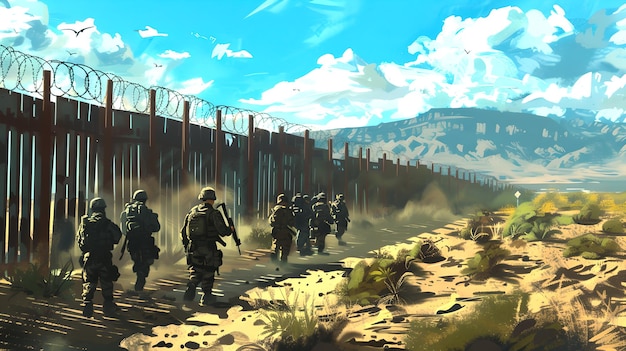 Illustration numérique de soldats patrouillant près d'une clôture dans un paysage désertique évoquant l'aventure et la stratégie Concept Art Style AI