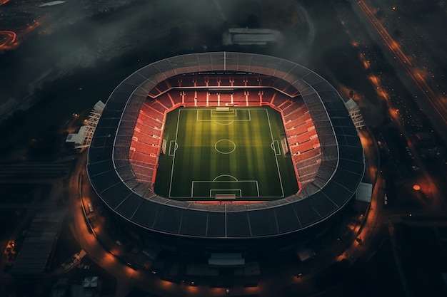 Une illustration numérique d'un stade avec un fond sombre.