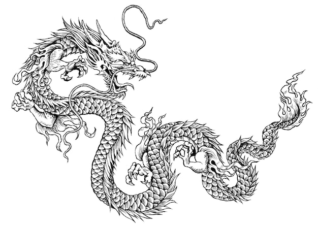 Une illustration numérique de tatouage noir et blanc d'un dragon