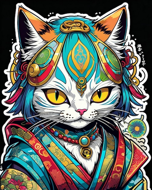 Une illustration numérique très vibrante d'un autocollant de chat ludique dans le style du pop art japonais